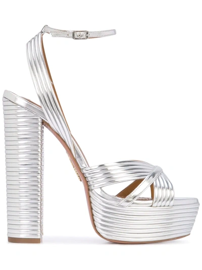 Aquazzura Sundance 140 Metallic Leather Platform Sandals In Silver