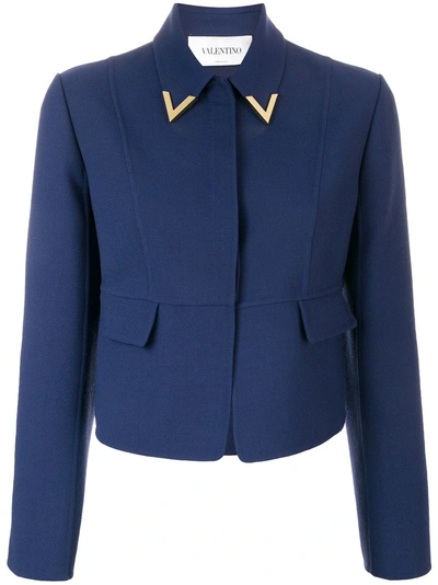Valentino Garavani V Collar Wool Cropped Jacket - 蓝色 In Pure Blue
