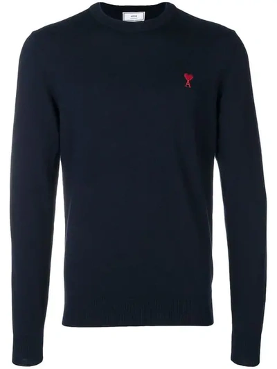 Ami Alexandre Mattiussi Crew Neck Sweater Ami De Coeur Patch In Blue