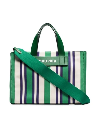 Miu Miu Striped Canvas Beach Bag In Green