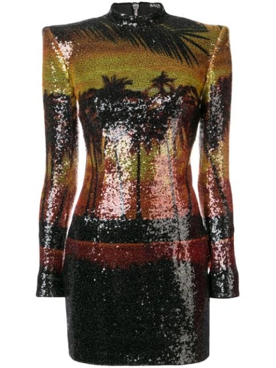 Balmain Long-sleeve Sequined Palm-print Mini Dress In Black