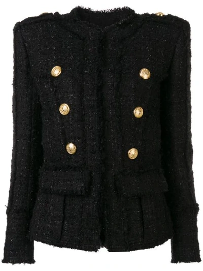 Balmain Double-breasted Frayed Metallic Tweed Blazer In Noir