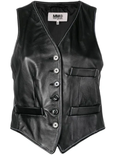 Mm6 Maison Margiela Contrast-stitch Leather Waistcoat In 900 Black
