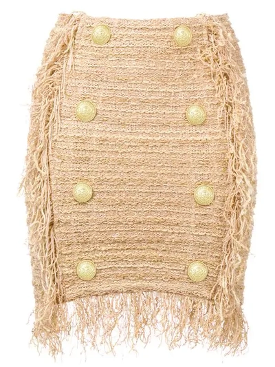 Balmain Fringed Tweed Mini Skirt In Gold