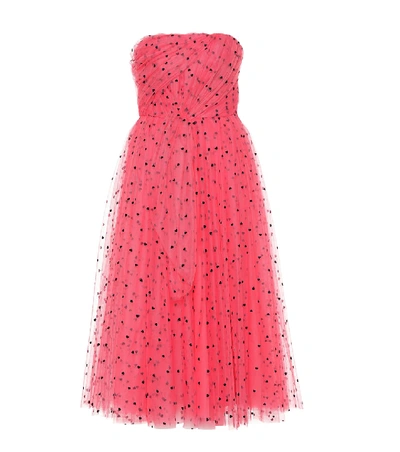 Carolina Herrera Flocked Waterfall-panel Strapless Tulle Gown In Pink