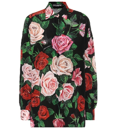 Dolce & Gabbana Long-sleeve Floral Crepe De Chine Tunic In Black