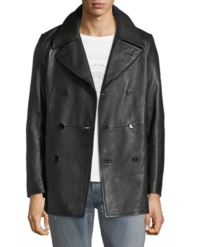 Saint Laurent Men's Double-breasted Leather Caban Coat In Black