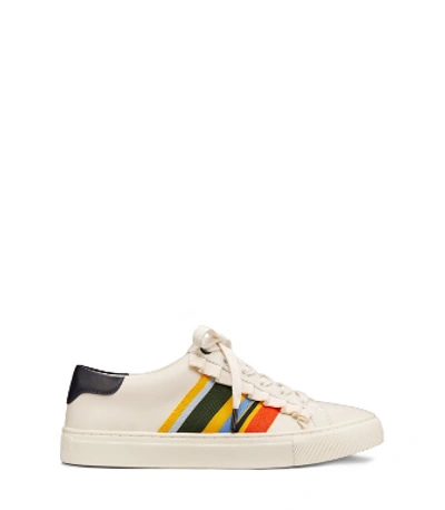 Tory Sport Striped Leather Sneakers In Bianco
