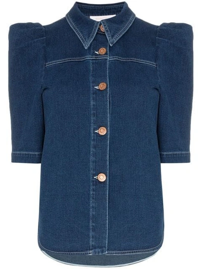 See By Chloé Button Down Puff Sleeve Denim Blouse In Blue