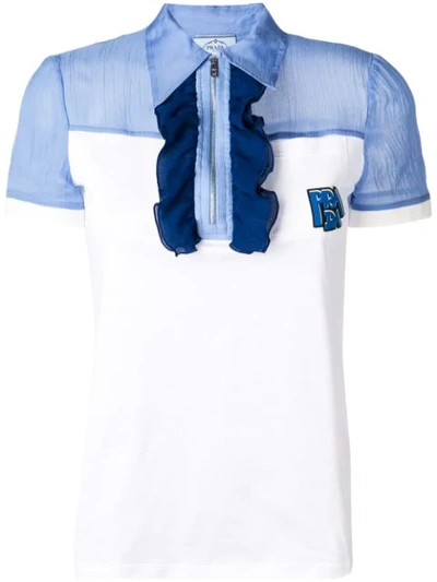 Prada Polo Shirt With Ruffles And Logo Patch In White,light Blue,blue