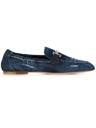Tod's Double T Distressed Denim Loafers In Light Blue
