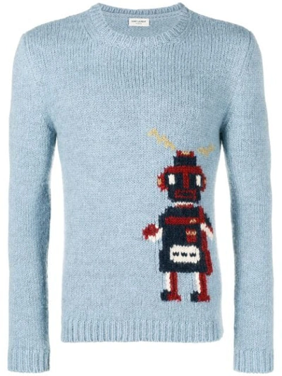 Saint Laurent Robot-intarsia Wool-blend Sweater In Blue