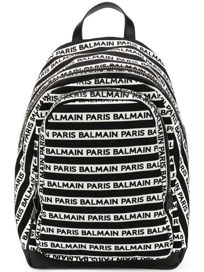 Balmain Black And White Logo Print Canvas And Leather Backpack