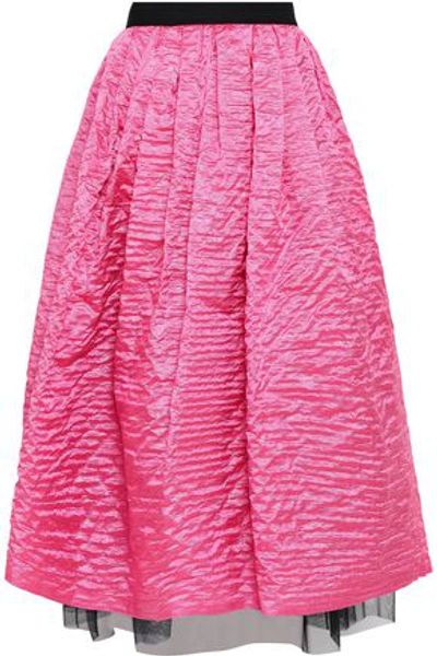 Marc Jacobs Woman Tulle-trimmed Pleated Crinkled Taffeta Midi Skirt Bright Pink