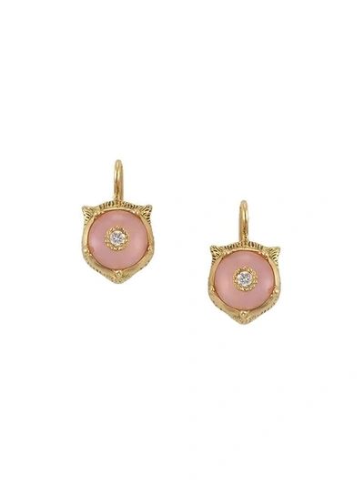 Gucci Le Marche Des Merveilles 18k Yellow Gold Feline Head Pink Opal & Diamond Drop Earrings
