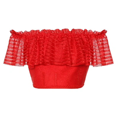 Alexander Mcqueen Off-the-shoulder Cropped Lace And Open-knit Top In Lust Red