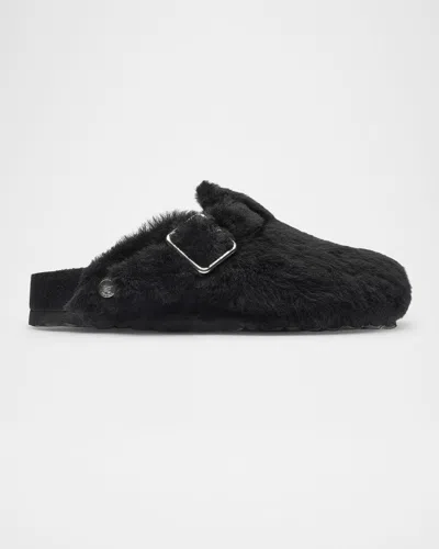1774 Birkenstock Boston Teddy Shearling Buckle Mules In Black 1029929
