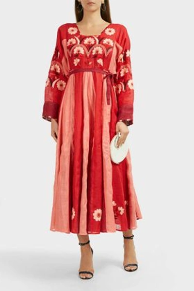 Vita Kin Magnolia-embroidered Linen Kaftan In Red