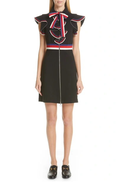 Gucci Web Ruffle Stretch Jersey Dress In Black