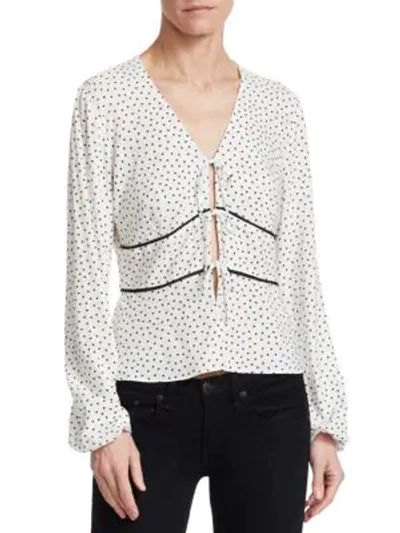 Scripted Tie Front Polka Dot Blouse In White