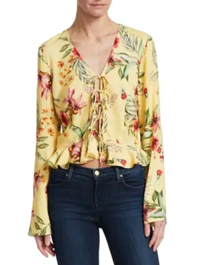 Scripted Floral Tie-front Crop Peplum Blouse In Lime