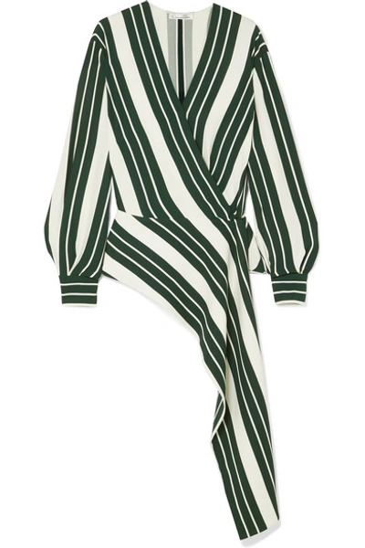 Oscar De La Renta Striped Asymmetric-hem Stretch-crepe Blouse In Green