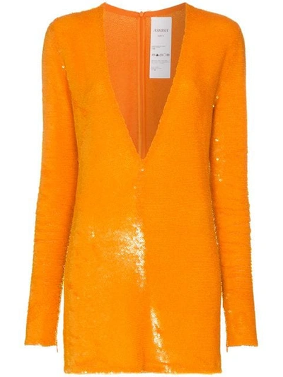 Ashish Sequin Embellished V-neck Mini Dress - 橘色 In Orange