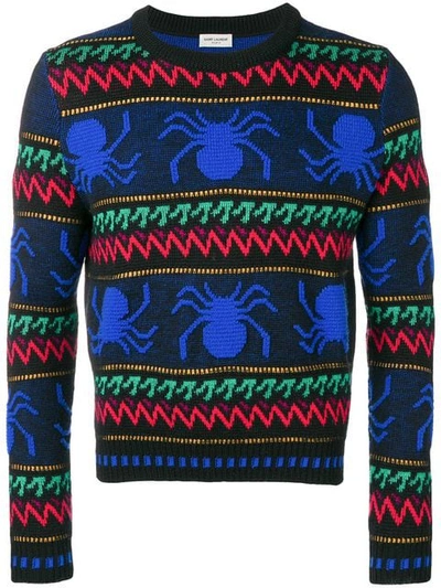 Saint Laurent Slim-fit Spider-intarsia Wool Sweater In Black