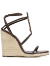 Saint Laurent Logo-embellished Leather Espadrille Wedge Sandals In Brown,beige