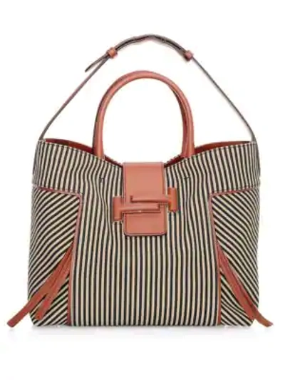 Tod's Medium Double T Stripe Shopping Bag In Brown,black,beige