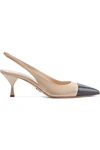 Prada 65 Two-tone Patent-leather Slingback Pumps In Travertino+royal