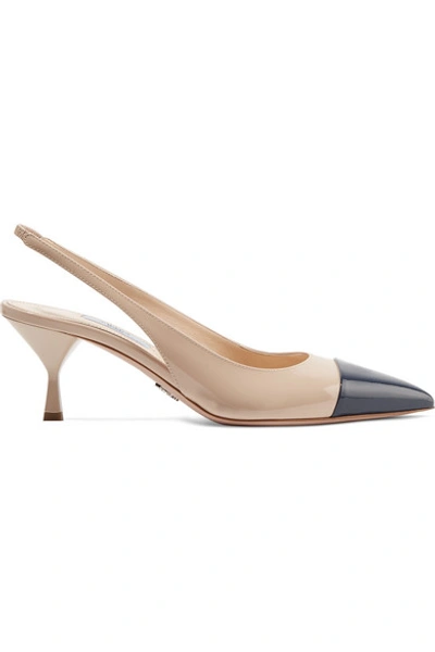 Prada 65 Two-tone Patent-leather Slingback Pumps In Travertino+royal