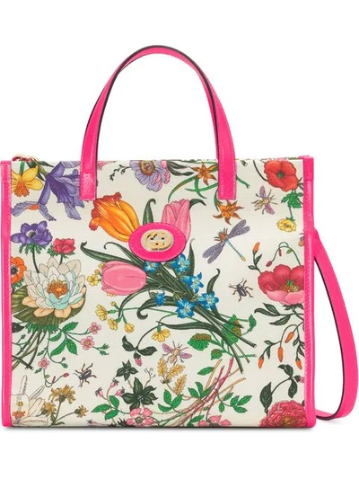 Gucci Flora Medium Leather-trimmed Printed Canvas Tote In Pink