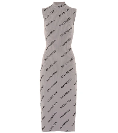 Balenciaga Allover Logo Ribbed-knit Wrap Dress In Grey