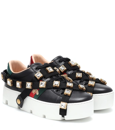 Gucci Leather Platform Sneakers With Detachable Jeweled Straps In Black