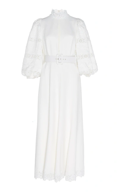 Andrew Gn Belted Lace-paneled Crepe De Chine Dress In White
