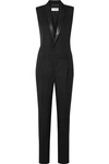 SAINT LAURENT LEATHER-TRIMMED GRAIN DE POUDRE WOOL JUMPSUIT