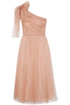RED VALENTINO ONE-SHOULDER PLEATED POINT D'ESPRIT TULLE MIDI DRESS