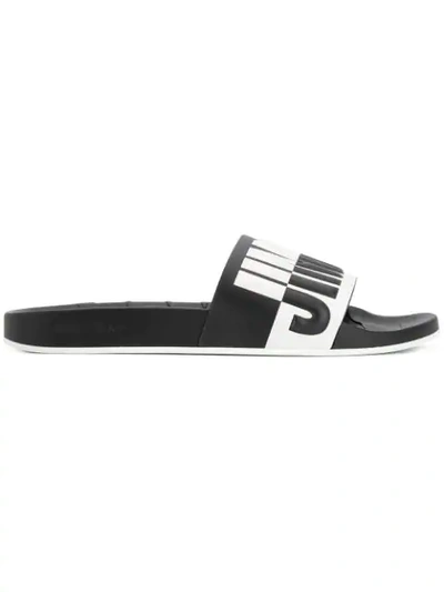 Jimmy Choo Rey/m Black And White Logo Embossed Leather And Rubber Sliders