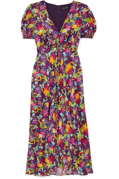 Saloni Lea Floral-print Silk Crepe De Chine Dress In Dark Purple