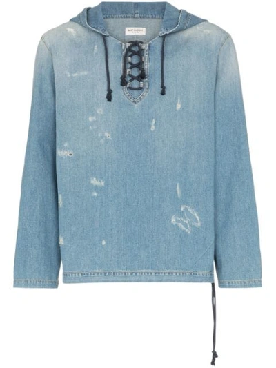 Saint Laurent Distressed Detail Lace Up Hooded Jacket In Blue