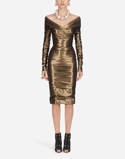 Dolce & Gabbana Off-the-shoulder Ruched Stretch-metallic Cocktail Dress In Gold