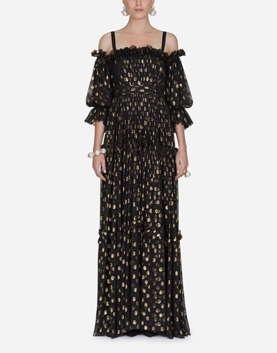 Dolce & Gabbana Off-the-shoulder Polka-dot Metallic Fil-coupé Silk-blend Chiffon Gown In Black