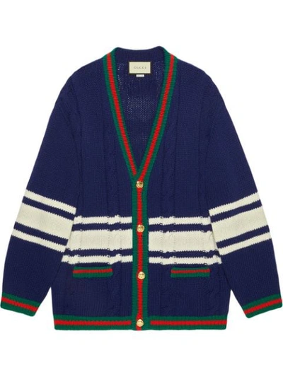 Gucci Wool Cardigan With Patches In Royal Blue