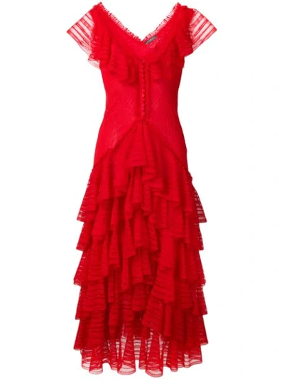 Alexander Mcqueen Ruffle-trimmed Lace Gown In Lust Red/red