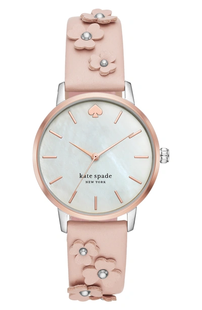Kate Spade Metro Floral Pink Leather Strap Watch, 34mm In Blush/ Mop/ Silver