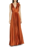 AMUR AVIVA PLEATED SATIN MAXI DRESS,580578