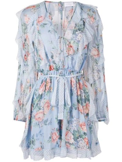 Zimmermann Floral Print Ruffled Playsuit - 蓝色 In Blue