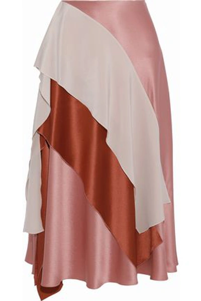 Roksanda Mahira Draped Colour-block Silk-satin Midi Skirt In Rose/powder Pink/brick
