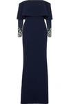 BADGLEY MISCHKA BADGLEY MISCHKA WOMAN OFF-THE-SHOULDER EMBELLISHED TULLE-PANELED STRETCH-CADY GOWN NAVY,3074457345620051847